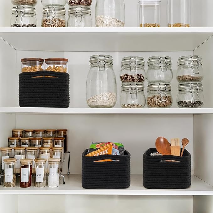 Goodpick Storage Baskets, Rope Shelf Basket Small Baskets for Gifts Empty Storage Baskets for Organizing Toy Baskets Storage Kids Storage Bins Woven Baskets 3 Pack, Black, 13 x 8 x 5 in