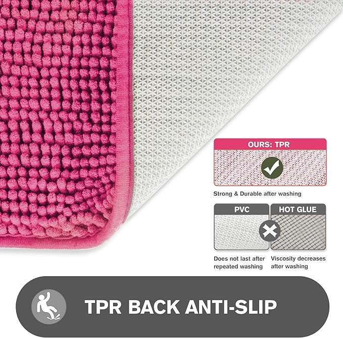 Hot Pink Bathroom Rugs Sets 2 Piece – Absorbent and Washable Bath Mat, Non-Slip, Thick Soft Chenille Bath Rugs for Bathroom Floor, Shower, Sink - 17" x 24"+20" x 32"