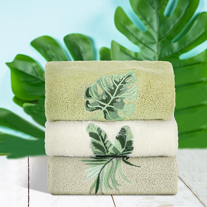 3 Pcs Sage Green Hand Towels Tropical Bathroom Decor Farmhouse Embroidered Sage Green Monstera Banana Palm Leaf Decorative Towels for Bathroom Kitchen, 100% Cotton, 13.4 x 29''