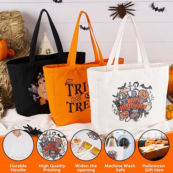 Halloween Basket Tote Bag Set of 2Candy Ice Basket Trick for Treat Bags Tote with Ornament for Candy Party Accessory (White & Pumpkin)