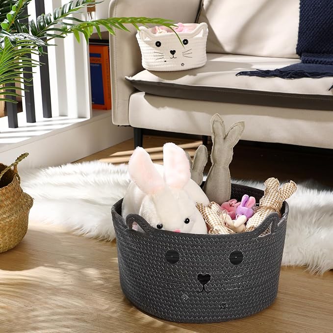 Zopeal Cat Basket Storage Woven Organizer with Ears Christmas Decorative Pet Toy Cute Cotton Rope Basket for Gift Cat Dog Toy Bin Nursery Room(13.7 x 7.8 Inch,Dark Grey)