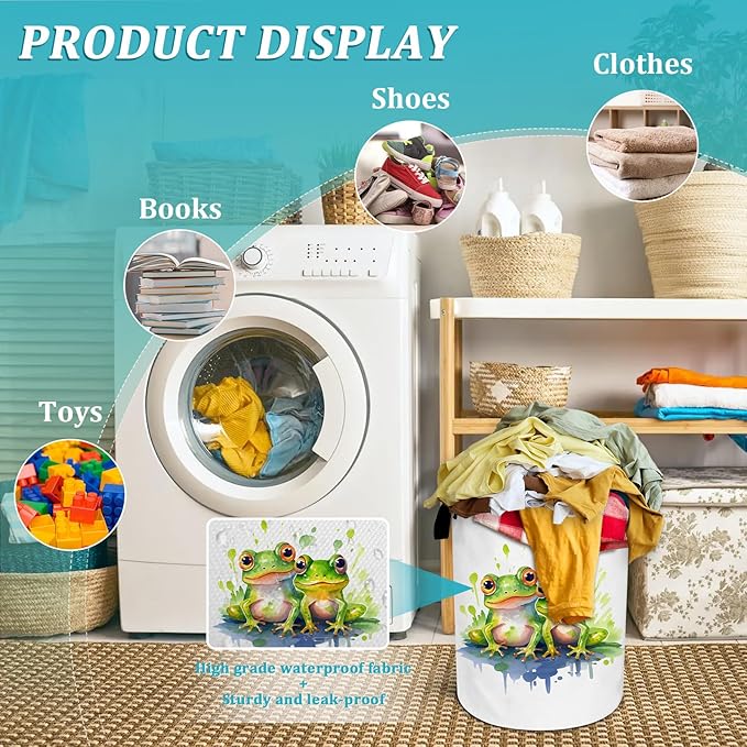 Watercolor Frog Laundry Basket, Foldable Waterproof Oxford Cloth Laundry Hamper Funny Tote Bag Dirty Clothes Storage Bucket Toy Organizer for Bathroom/Laundry/Bedroom 15.7"x19.6"