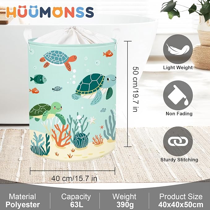 Sea Animals Laundry Hamper Ocean Fish Coral Large Storage Basket Parents Organizer Kids Clothes Toy Bins for Bedroom, Bathroom, Green Turtles, 63L
