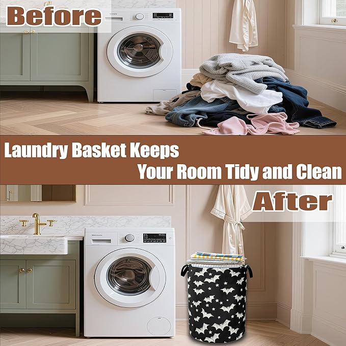 White Bats Laundry Baskets,Laundry Hamper,Storage Basket with Handles for Bathroom Bedroom College Dormitory Living Room Nursery Organizer 16"x20.8"