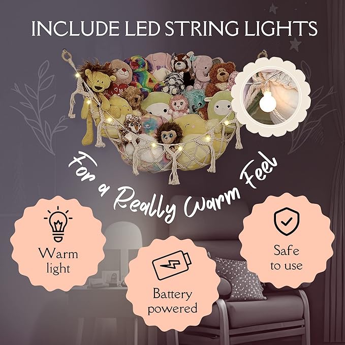 Stuffed Animal Storage Macrame Hammock w/String Lights for Flat Walls, Large - Boho Room Decor Toy Storage - Hanging Plushie Stuffed Animal Net Organizer (Black)