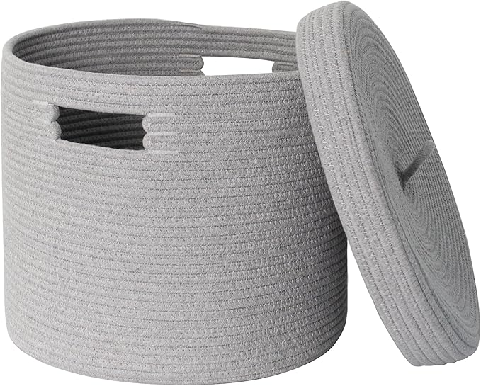 Gray Basket with Lid, 15” x 13” Woven Storage Basket for Blankets, Toys, Pillows, Towels, Living Room Bedroom Storage Bin, Round Rope Basket with Lid, Wicker Baskets for Organizing