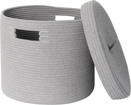 Gray Basket with Lid, 15” x 13” Woven Storage Basket for Blankets, Toys, Pillows, Towels, Living Room Bedroom Storage Bin, Round Rope Basket with Lid, Wicker Baskets for Organizing
