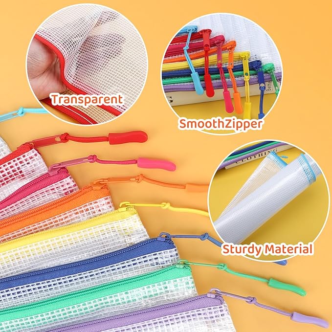 24pcs Mesh Zipper Pouch, PVC, Office Supplies Organizers, 17" x 12" A3, 8 Color, Foldable, Zipper Closure