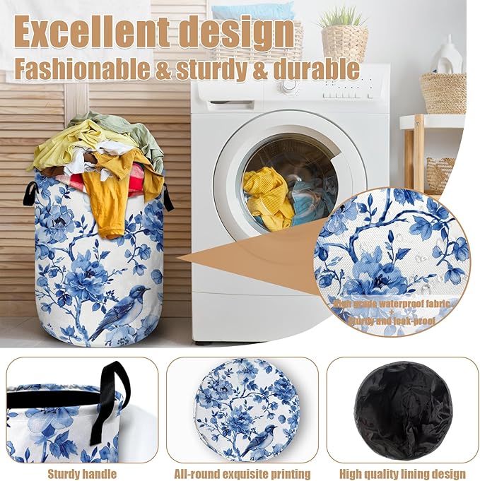 Blue Flower Bird Laundry Basket, Foldable Waterproof Laundry Hamper Tote Bag Dirty Clothes Storage Bucket Toy Organizer for Bathroom/Laundry/Bedroom 15.7"x19.6"