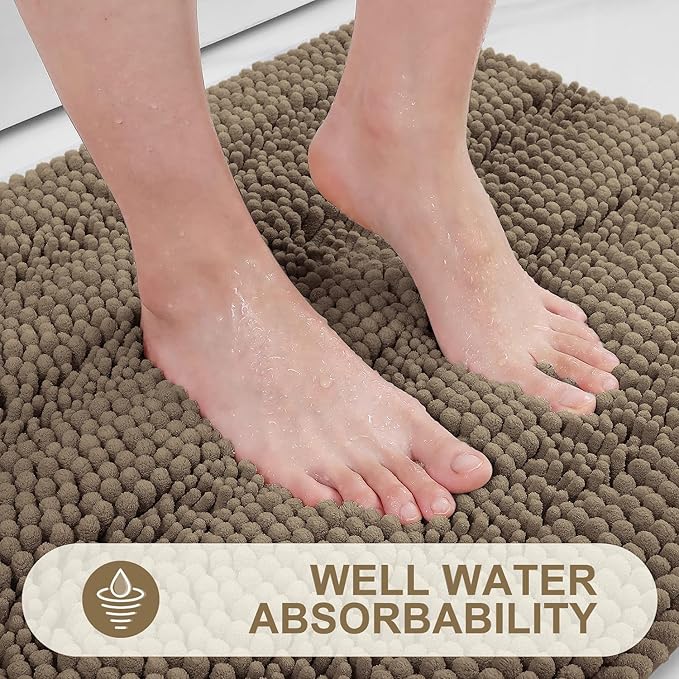 Grandaily Chenille Striped Bathroom Rugs 30x20, Extra Thick and Absorbent Bath Mats, Non-Slip Soft Plush Shaggy Shower Carpet, Machine Wash Dry, Bath Rug for Bathroom, (Medium, Camel)