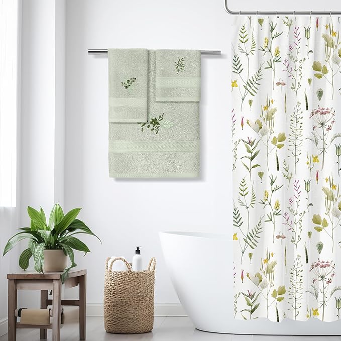 3 Pcs Eucalyptus Leaves Bathroom Towel Set Farmhouse Embroidered Eucalyptus Leaves Towels Vintage Decorative 100% Cotton Bath Towel Highly Absorbent Elegant Summer Decor Set for Bathroom