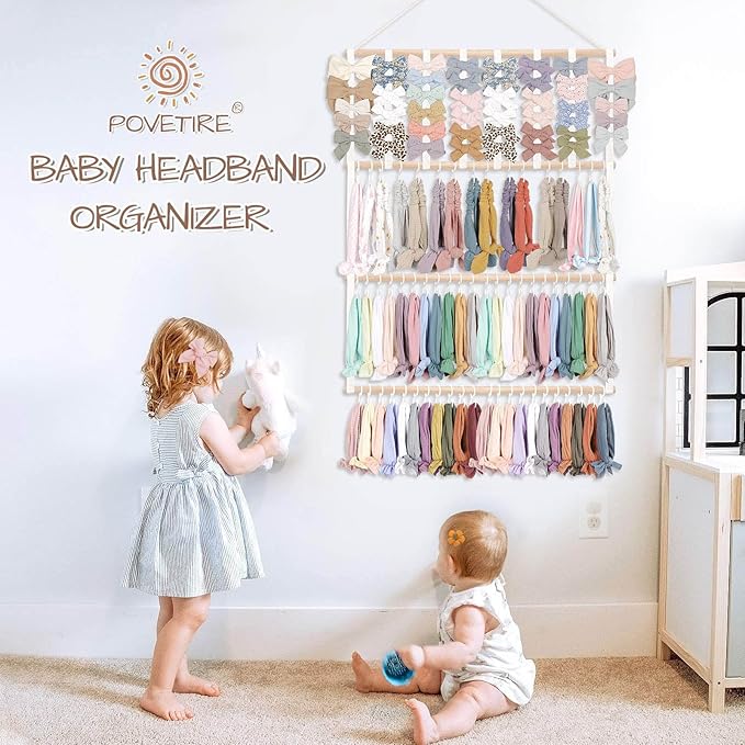 POVETIRE Headband Holder Hair Bows Organizer for Girls,Baby Headbands Hair Accessories Organizer Storage Wall Hanging Decor for Nursery Girls Room