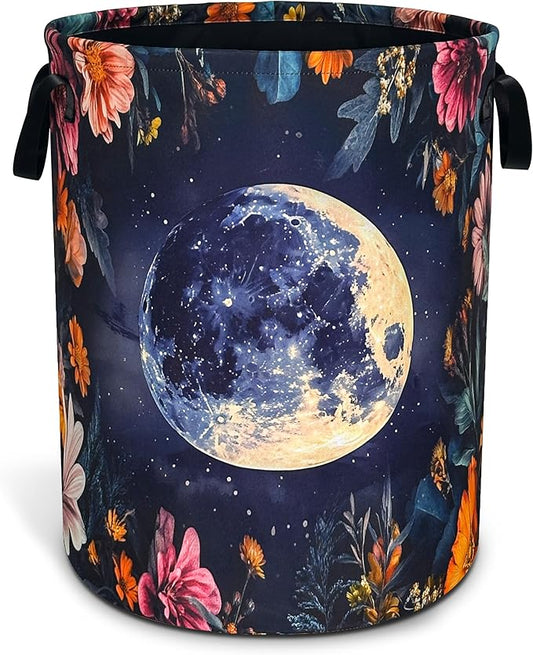 Moon Flowers Laundry Basket Oxford Cloth Night Starry Sky Laundry Hamper With Handle Foldable Portable Clothes Storage Basket 18.9 X 16.5 In Storage Bag For Laundry Room/Bathroom/Bedroom