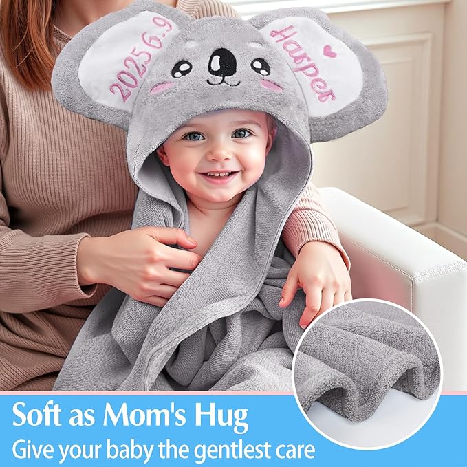 Baosity Custom Hooded Baby Towel with Name, Soft and Absorbent Customized Koala Toddler Towels, Baby Bath Towel for Boys and Girls, Easter Birthday Towel for Kids，Babies, Toddlers, Newborns Essential