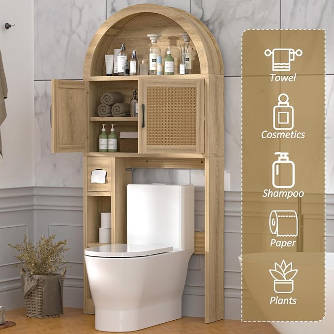 Over The Toilet Storage Cabinet, Over Toilet Bathroom Organizer with Rattan Doors, Arched Storage Organizer Cabinet with Anti-Tip Device and Adjustable Shelf for Bathroom, Natural