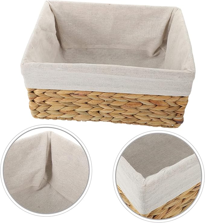 Handcrafted Straw Storage Basket with Liner Multifunctional Woven Organizer for Desktop Sundries Snacks Cosmetics for Home Office Nursery Kitchen Bathroom Use