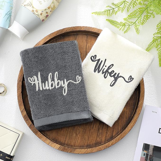 2 Pcs Wifey Hubby Hand Towels 100% Cotton Embroidered Bathroom Towel Gift for Valentine's Day Wife Husband Wedding Engagement Anniversary Bathroom Decor 29 x 13 Inch