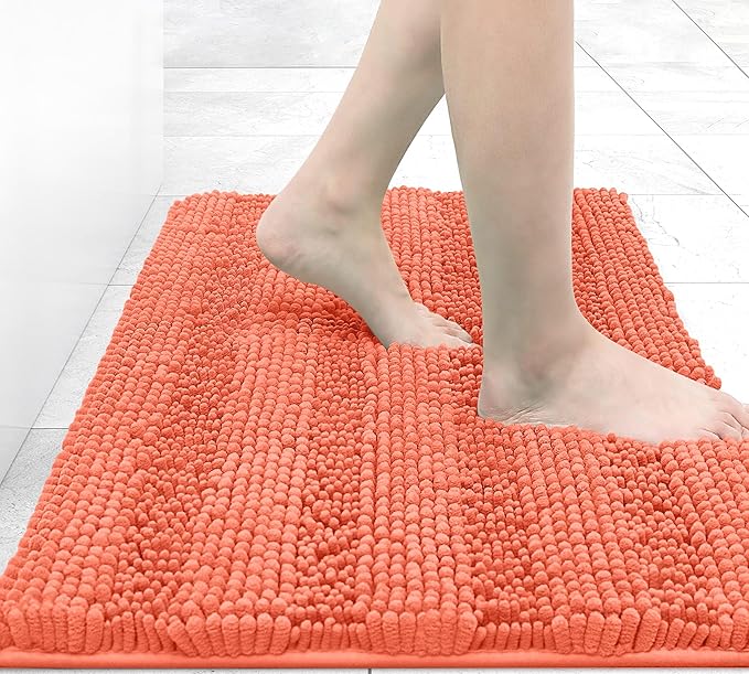 Grandaily Chenille Striped Bathroom Rugs 30x20, Extra Thick and Absorbent Bath Mats, Non-Slip Soft Plush Shaggy Shower Carpet, Machine Wash Dry, Bath Rug for Bathroom, (Medium, Coral Orange)