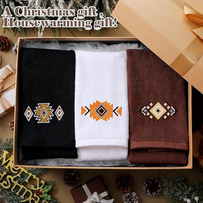 3 Pcs Western Aztec Hand Towels Southwestern Bathroom Decor Southwest Sunset Embroidered Rustic Boho Decorative Towels for Bathroom Kitchen Decor, 100% Cotton, 13.3 x 29.5''