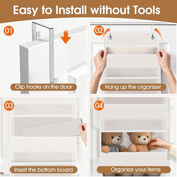 WISELIFE Over The Door Organizer Storage with 4 Large Pockets Door Hanging Organizer with Clear Windows behind The Door Storage for Nursery Bedroom Bathroom Pantry Closet and Baby Essentials Beige
