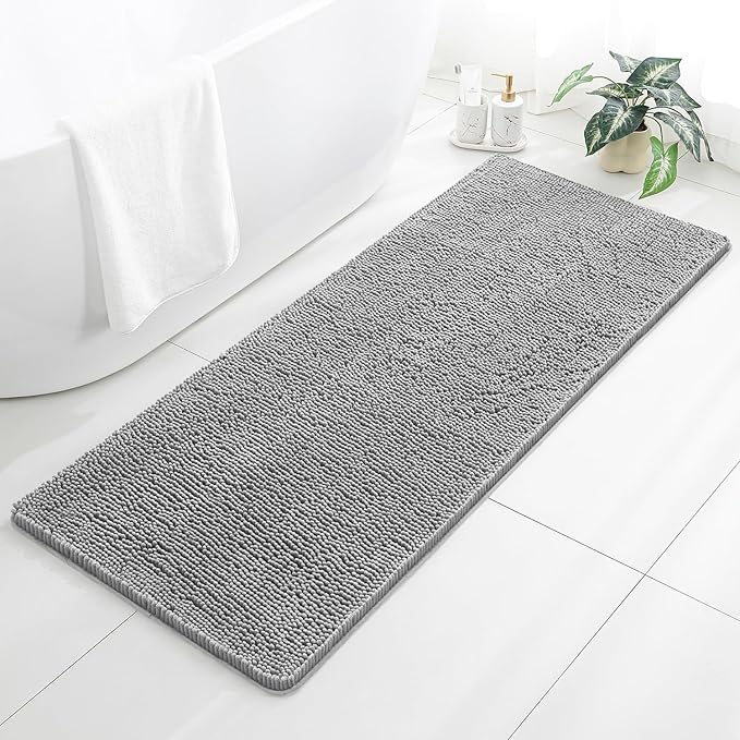 Gray Bathroom Rugs 24"x60" - Long Plush Chenille Non-Slip Runner Bath Mat - Absorbent, Washable, Soft Decor for Shower, Sink, Tub, Floor, Home Accessories