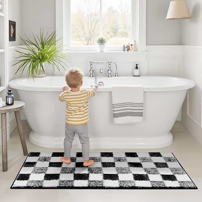 GRANNY SAYS Checkered Black Bathroom Rugs, 48" x 24", Non-Slip Bath Mats for Bathroom, Plush Shag Absorbent Microfiber Ultra Soft Bath Mat, Cute Washable Rug for Tub, Shower, Bedroom
