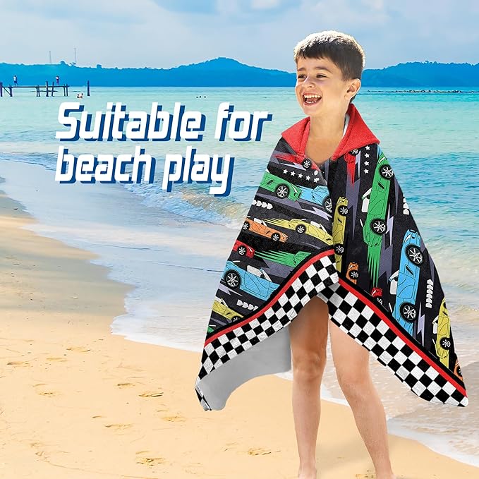 Hooded Towels for Kids -Toddler Beach Towel- Super Absorbent & Quick Dry 100% Cotton 30x50 Inch - to Kid Ages 3-10-Racing Car Swim Towels