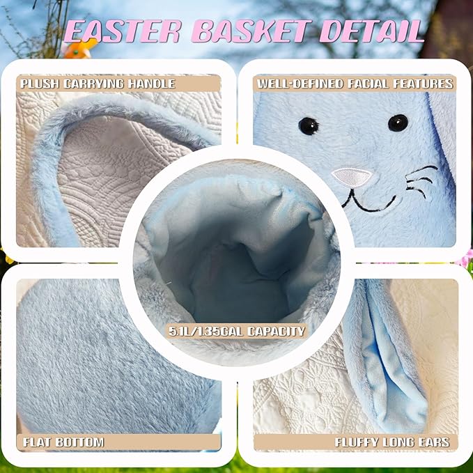 Easter Bunny Basket for Kids, Fluffy Easter Egg Hunt Bag Soft Fabric, Cute Rabbit Tote Bags with Long Plush Ear Easter Tote Bags for Candy Gifts Storage (Blue)