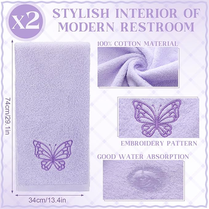 2 Pcs Butterfly Hand Towels Light Purple Bathroom Decor 14x29 Inch Embroidered 100% Cotton Soft Absorbent Spring Summer Washcloths Decorative Hand Towels for Bathroom Kitchen