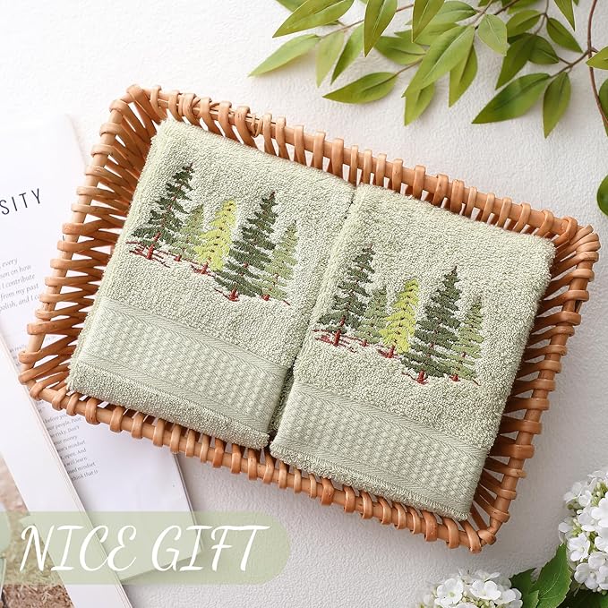2 Pcs Forest Hand Towels Gray Green Bathroom Decor 14x29 Inch Embroidered 100% Cotton Soft Absorbent Nature Scene Decorative Hand Towels for Bathroom Kitchen