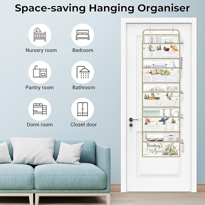 Clastyle Dinosaur Over the Door Organizer Tree Nursery Hanging Storage Organizer for Kids Clothes Diaper Toy Closet Door Hanging Shelf Storage for Bedroom Bathroom Pantry, Magic, 5-Tier