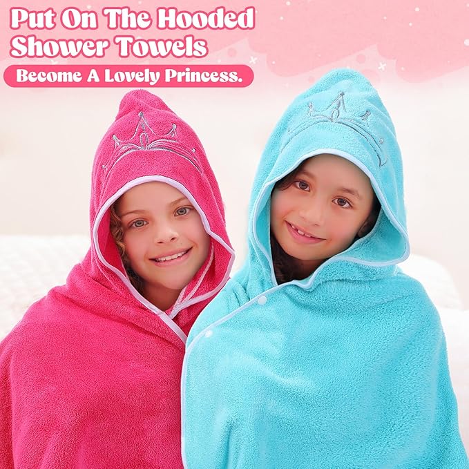 2 Pcs Princess Bath Towel for Baby Toddler Oversized Absorbent Soft Hooded Bath Beach Towel for Kids Girls up to 10 Years,Thick Cozy Full Coverage,Pink and Blue