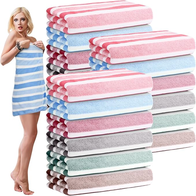 18 Pack Microfiber Bath Towels Bulk 27'' x 60'' Oversized Size Bath Towel Highly Absorbent Extra Large Soft Drying for Shower Beach Winter Salon Sport Gym Party (Stripes,Neutral)