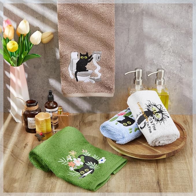 4 Pack Funny Black Cat Hand Towels Embroidered Towels Set for Bathroom Kitchen Decor Soft Absorbent Cotton Face Wash Cat Lover Gifts for Women Men Home Accessories 29" x 13"
