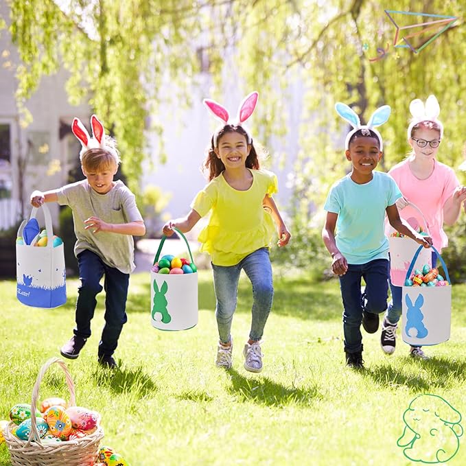 2 Pack Easter Bunny Baskets for Kids - Easter Basket Bags with Handles, Canvas Rabbit Tote Bags for Easter Egg Hunts, Party Gifts, and Storage (Empty) (Pink+Blue)