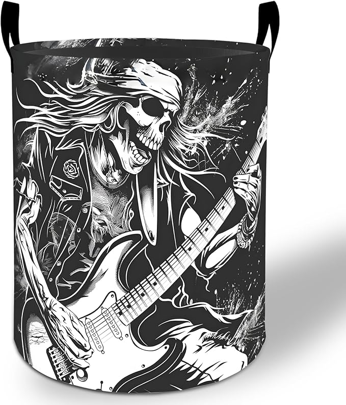 Rock Skull Laundry Basket Hamper 19.7"x15.8", Music Foldable Waterproof Oxford Clothes Storage Bucket for Room Bathroom Bedroom Nursery Decor, Toy Organizer Bins Gifts for Kids Boys Girls