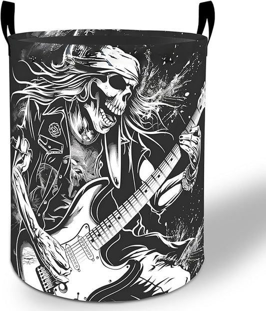 Rock Skull Laundry Basket Hamper 19.7"x15.8", Music Foldable Waterproof Oxford Clothes Storage Bucket for Room Bathroom Bedroom Nursery Decor, Toy Organizer Bins Gifts for Kids Boys Girls