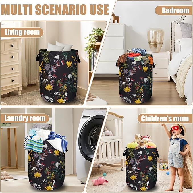 Wildflower and Herb Laundry Basket, Spring Flower Laundry Hamper Tote Bag Dirty Clothes Storage Bucket Toy Organizer for Bathroom/Laundry/Bedroom 15.7"x19.6"