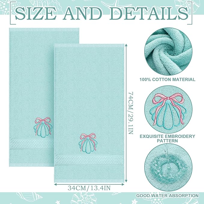 2 Pcs Shell Hand Towels Mint Blue Bathroom Decor 14x29 Inch Embroidered 100% Cotton Soft Absorbent Beach Summer Decorative Hand Towels for Bathroom Kitchen