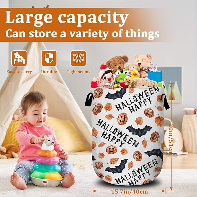 Halloween Pumpkin Bat Laundry Basket with Sturdy Handles, Happy Halloween Collapsible Oxford Cloth Laundry Hamper Organizer Basket for Bathroom Bedroom 15.7x20 Inch