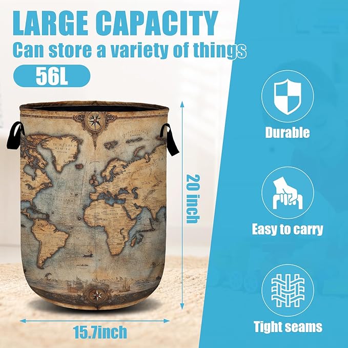 Antique World Map Laundry Basket, Laundry Hamper Collapsible Oxford Cloth with Handle Clothes Toy Storage Bin for Bathroom Laundry Room Bedroom 15.7 X 20 Inch