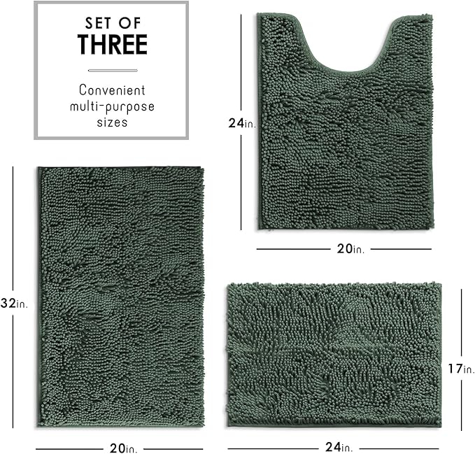 Hearth & Harbor Bathroom Rugs, Chenille Bath Mat - Machine Washable Bath Mats for Bathroom Non-Slip Backing Rubber, Quick Dry Mat - Hunter Green Bath Rug, 17x24-20x32-20x24