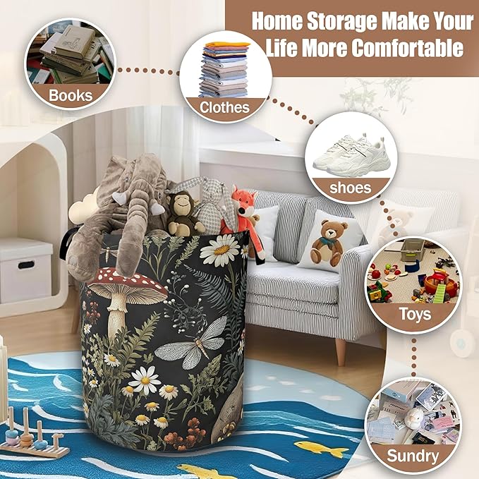 Wild Mushroom Forest Laundry Basket, Laundry Hamper Waterproof Oxford Cloth Tote Collapsible,Clothes Storage Bucket Decorative Toy Organizer For Bathroom Bedroom 16" x 20.8"