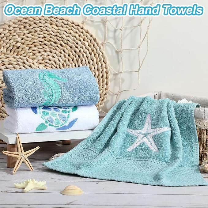 3 Pcs Ocean Beach Coastal Hand Towels for Bathroom Embroidered Bathroom Summer Towels Farmhouse Decorative 13. 78 x 29. 53 Inch Absorbent Soft Cotton for Kitchen Dish Fast Drying Decor