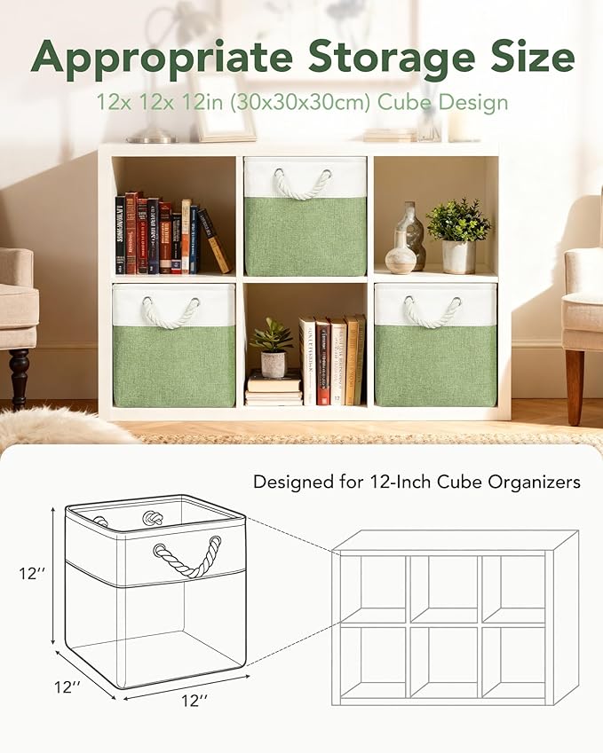 12x12 Storage Cube Bins, 6 Pack Reinforced Bottom Cardboard Foldable Box, Organizer for Closet Shelves, Heavy Home Storage Baskets (White Green)