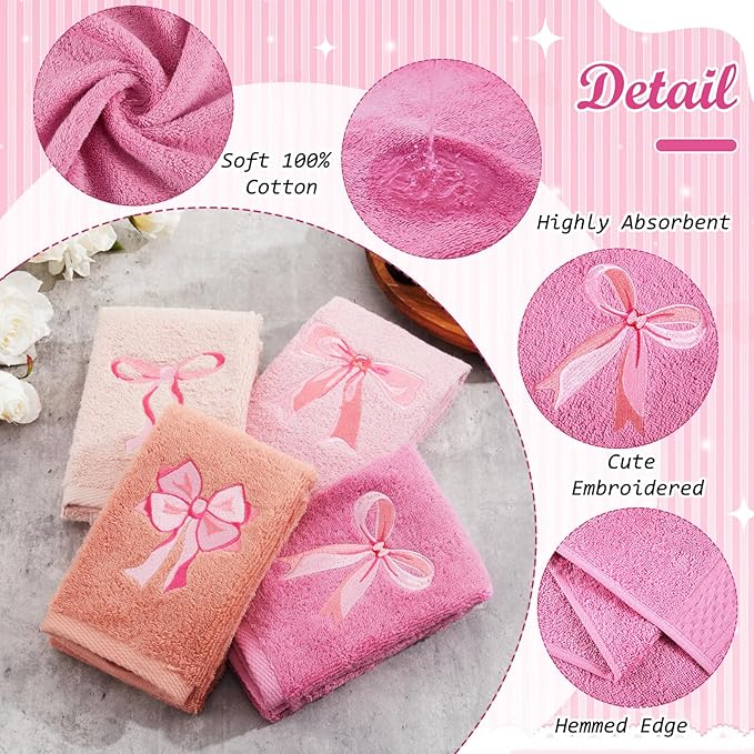 4 PCS Pink Bow Hand Towels Set 29" x 13" Coquette Bow Embroidered Decorative Towel Absorbent Kitchen Bath Preppy Decor for Hand Drying Bridal Shower Wedding Gift