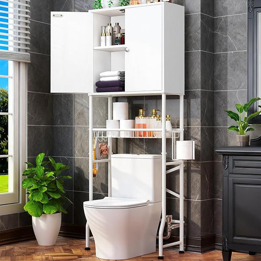 Over-The-Toilet Storage Rack, 4-Tier Bathroom Organizer Shelf Over Toilet with Barn Doors Cabinet and Basket, Freestanding Space Saver Wooden Bathroom Shelves with Paper Holder Above Toilet (White)
