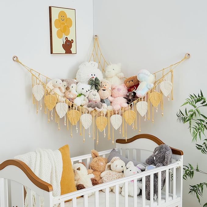 Pretty Jolly Macrame Stuffed Animal Hammock with Beads Hand Woven Leaf Tassels Corner Hanging Net Boho Plush Holder for Kid Room Nursery Decor Easy Install Organizer for Girls Gift(Yellow)