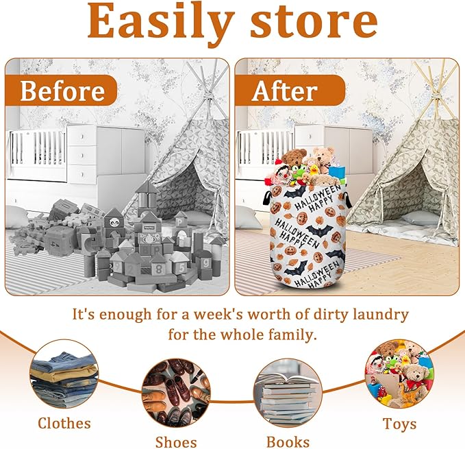 Halloween Pumpkin Bat Laundry Basket with Sturdy Handles, Happy Halloween Collapsible Oxford Cloth Laundry Hamper Organizer Basket for Bathroom Bedroom 15.7x20 Inch