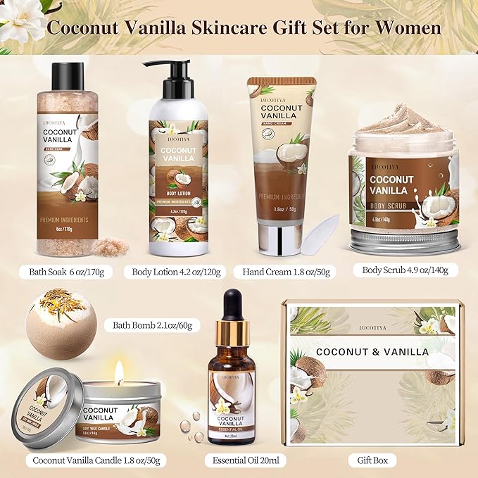 Gifts for Women, Birthday Gifts for Women, Bath and Body Gifts Set, Vanilla Coconut Spa Gift for Self Care,Thank you Relaxing Bath Sets for Mom, Grandma, Girlfriend, Sister, Friends